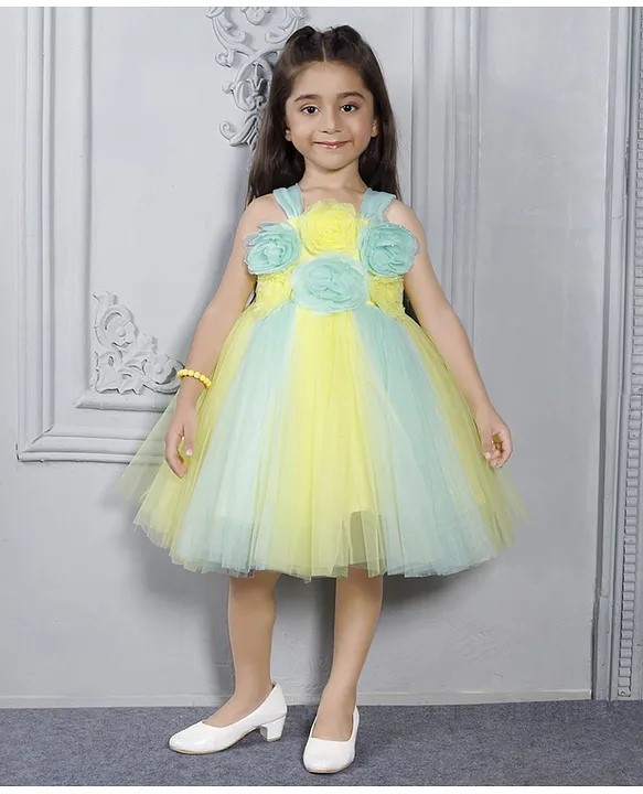 Ministitch Net Woven Sleeveless Floral Applique Detailed & Colour Blocked Dress - Lemon Yellow